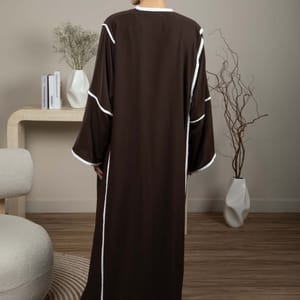 Elegant Front Open Brown Nida Abaya with White Contrast Piping