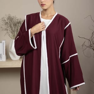 Elegant Front Open Maroon Nida Abaya with White Contrast Piping Elegant Front Open Maroon Nida Abaya with White Contrast Piping