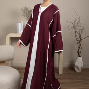 Elegant Front Open Maroon Nida Abaya with White Contrast Piping Elegant Front Open Maroon Nida Abaya with White Contrast Piping