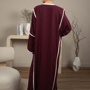 Elegant Front Open Maroon Nida Abaya with White Contrast Piping Elegant Front Open Maroon Nida Abaya with White Contrast Piping