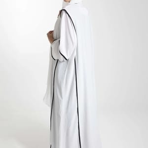 Elegant Front Open White Nida Abaya with Black Contrast Piping