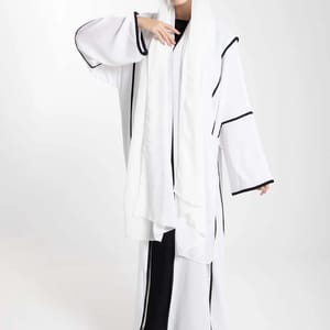 Elegant Front Open White Nida Abaya with Black Contrast Piping