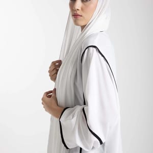 Elegant Front Open White Nida Abaya with Black Contrast Piping