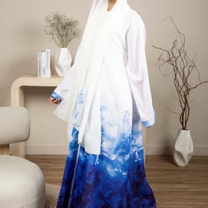 Linen Fabric Abaya with White and Blue Shades with Headscarf
