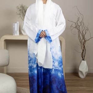 Linen Fabric Abaya with White and Blue Shades with Headscarf