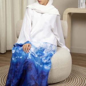 Linen Fabric Abaya with White and Blue Shades with Headscarf