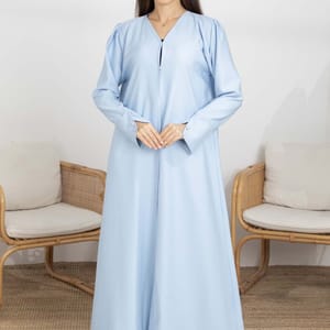 Sky Blue Barbie Crepe Abaya with Open Cuffs and Matching Fabric Buttons