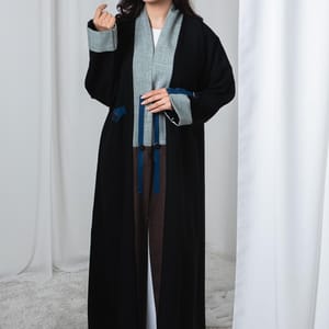 Black Abaya with Green, Blue and Brown Contrast Cuffs and Sheila