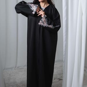 Black Barbie Crepe Abaya with Contrast Thread Work on Sleeves with Sheila