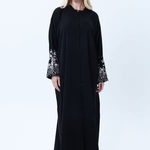 Black Abaya with Ornate Silver Sequined Sleeve Embellishments