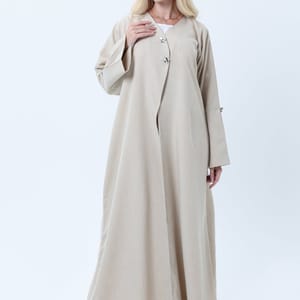 Light Beige Melange Abaya with Decorative Buttons and Matching Headscarf