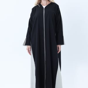 Two-Tone Colorblock Melange Abaya with Contrast Piping and Slit Sleeves comes with Headscarf