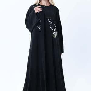 Black Nida Abaya with White Leaf Embroidery - Elegant Threadwork Design With Headscarf