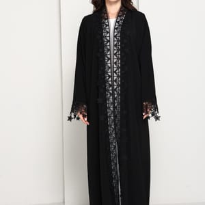 Designer Star Lace with Matching Headscarf Front Open Abaya
