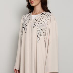 Modern Open Abaya with Silver Sequin Handwork | Premium Fabric Cream Edition Msquare Fashion - Women's Abayas 5