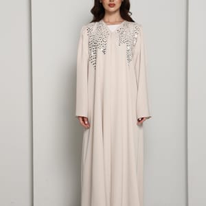 Modern Open Abaya with Silver Sequin Handwork | Premium Fabric Cream Edition