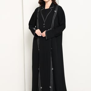 Jet Black Open Abaya with Tailored Lapel & Contrast Stitch Detailing Msquare Fashion - Women's Abayas 1