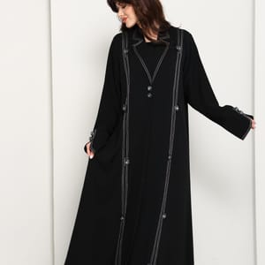 Jet Black Open Abaya with Tailored Lapel & Contrast Stitch Detailing Msquare Fashion - Women's Abayas 2