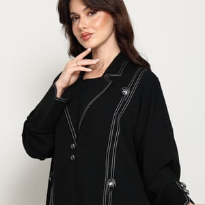 Jet Black Open Abaya with Tailored Lapel & Contrast Stitch Detailing Msquare Fashion - Women's Abayas 4