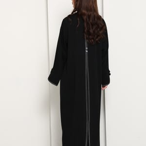 Jet Black Open Abaya with Tailored Lapel & Contrast Stitch Detailing Msquare Fashion - Women's Abayas 5