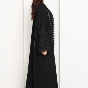 Black Open Abaya with Lace Sleeves & Front Panel Msquare Fashion - Women's Abayas 1
