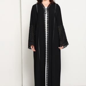 Black Open Abaya with Lace Sleeves & Front Panel