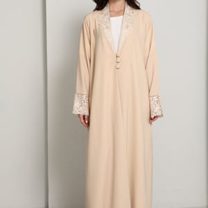 The Sandstone Sovereign - Blazer-Cut Abaya with Guipure Lace Detailing