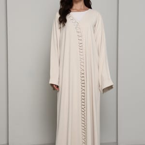 Ivory Open Abaya with Tonal Lattice Front Detailing