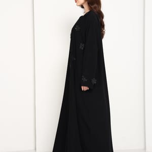 Black Open-Front Luxury Abaya with Tonal Lace Flower Embellishments Msquare Fashion - Women's Abayas 1