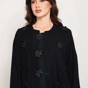 Black Open-Front Luxury Abaya with Tonal Lace Flower Embellishments Msquare Fashion - Women's Abayas 2