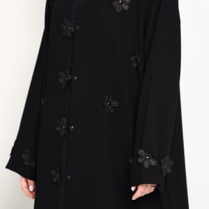 Black Open-Front Luxury Abaya with Tonal Lace Flower Embellishments Msquare Fashion - Women's Abayas 4
