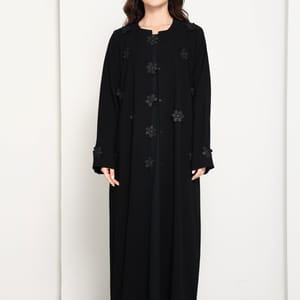 Black Open-Front Luxury Abaya with Tonal Lace Flower Embellishments