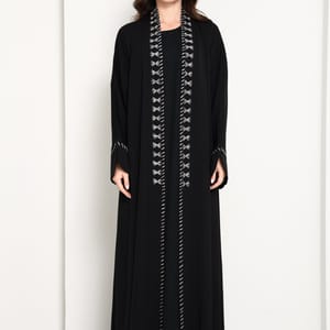 Jet Black Open Abaya with Contrast Thread Work Front Panels and Sleeves