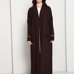 Dark Chocolate Blazer-Style Abaya I Open Front Abaya with Lapel Collar, Pockets & Piping Cuffs