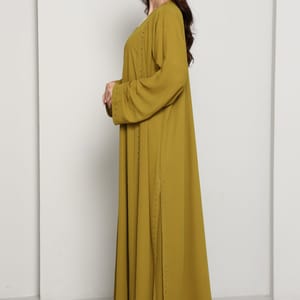 Olive Mustard Open Abaya with Subtle Stud Embellishment Msquare Fashion - Women's Abayas 1