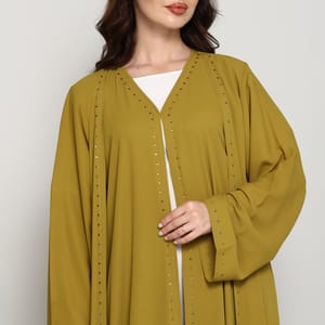 Olive Mustard Open Abaya with Subtle Stud Embellishment Msquare Fashion - Women's Abayas 2