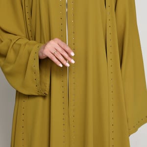 Olive Mustard Open Abaya with Subtle Stud Embellishment Msquare Fashion - Women's Abayas 3