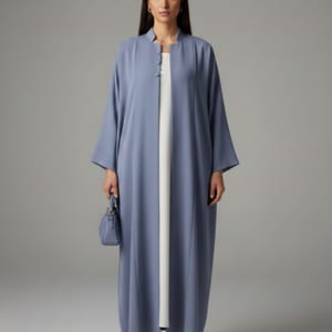Signature Korean Nida Dusty Blue Open Abaya Minimalist High-Neck Design