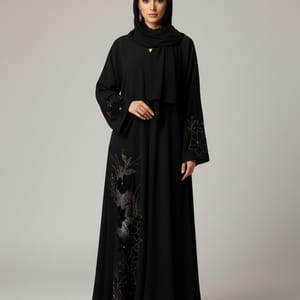 Premium Black Korean Nida Abaya - Elegant Handwork & Lace Floral Embroidery with Chiffon Headscarf