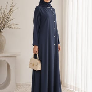Navy Blue Korean Nida Abaya - Asymmetrical Button Design with Matching Chiffon Headscarf