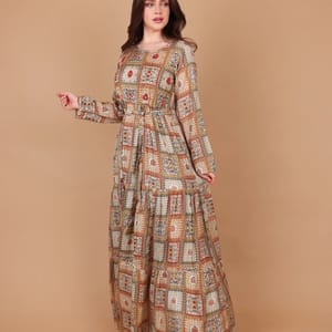 Ikkxa Soraya Ethnic Print Long Sleeves Tiered Maxi Dress