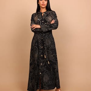 Ikkxa Samira Printed Embellished Detail Maxi Shirt Dress
