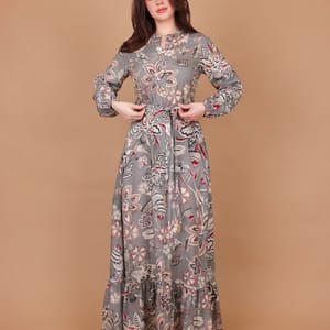 Ikkxa Rania Floral Embellished Belted Long Sleeves Maxi Dress