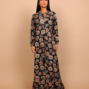 Ikkxa Alya Floral Print Embellished Long Sleeves Maxi Dress