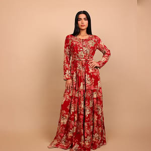 Ikkxa Amira Floral Embellished Tie-Up Neck Tiered Maxi Dress