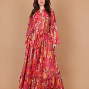 Ikkxa Hana Abstract Print Embellished Detail Bell Sleeves Maxi Dress
