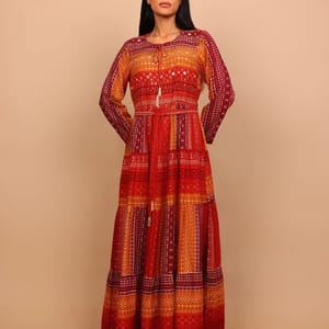 Ikkxa Yasmin Printed Embellished Detail Tie-Up Neck Tiered Maxi Dress