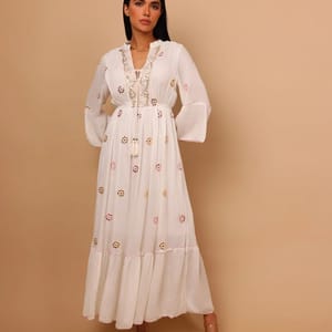 Ikkxa Rania Embellished V-Neck Bell Sleeves Tiered Maxi Dress