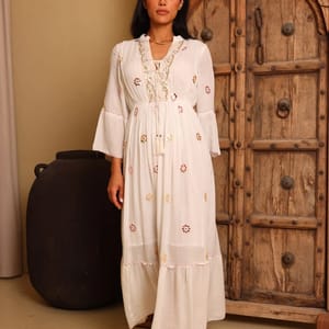 Ikkxa Rania Embellished V-Neck Bell Sleeves Tiered Maxi Dress IKKXA - Women's Maxi Dresses 11
