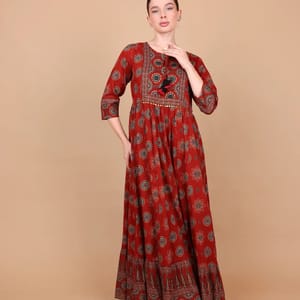 Ikkxa Ilham Ajrakh Print 3/4 Sleeves Ethnic Maxi Dress
